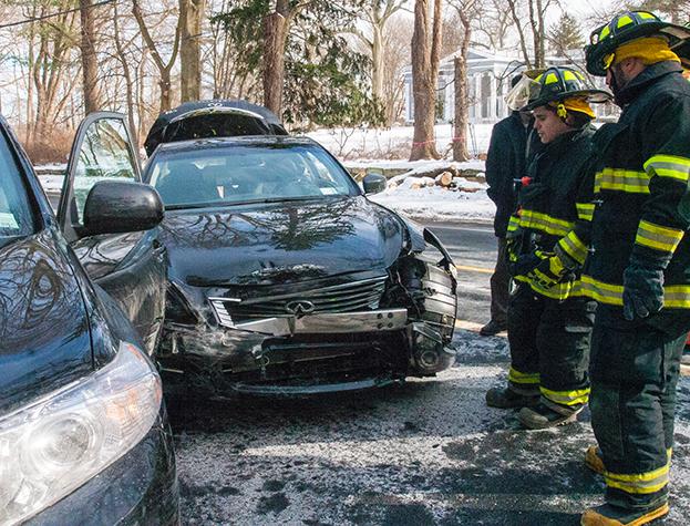 Rye Firefighters respond to this MVA with injuries on Boston Post Road IFO The John Jay Estate.  2 Parties were taken to the hospital with minor injuries 1/26/16 Photo by RFD FF Lester Millman 
