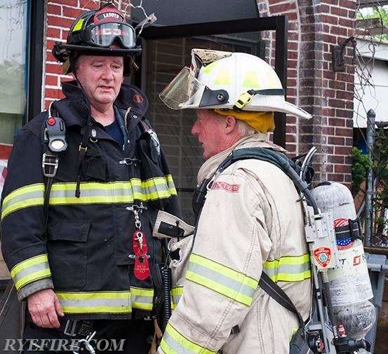 Ex-Captain Cadigan and Chief Taylor at a Mutual Aid response to Harrison for a gas leak on 5/17/15.  Photo by Lieutenant Lester Millman