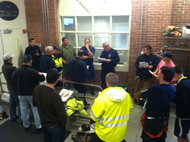 Rye firefighters being briefed by Chief Taylor and past Chief Hogben during Hurricane Sandy. 10/29/2012