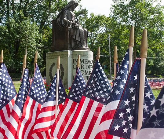 Flags were placed by RFD Firefighters all around Fireman's Circle to remember all that were lost in the terror attacks on 9/11/01. Photo by RFD Lester Millman